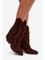 Dámské kožené boty s třásněmi na podpatku čokoládové Gralina