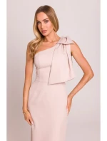 M847 Šaty na jedno rameno s mašľou - svetlo béžové