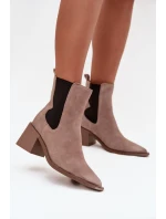 Skórzane Zamszowe Botki Damskie Na Słupku Ocieplane Artiker 57C0045 Beżowe