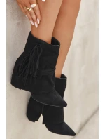 Botki Damskie Na Słupku Z Frędzlami I Złotymi Klamrami Czarne Evelisse