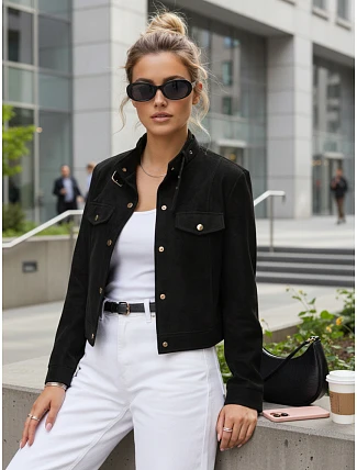 Dámska bunda z ekokože s gombíkmi čierna FashionStreet TY5668 Dámska bunda z ekokože s gombíkmi čierna FashionStreet TY5668