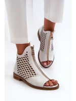 Zazoo 977/L Skórzane Ażurowe Sandały Na Zamek Białe