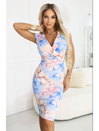 379-7 BOYKA Priliehavé midi šaty s obálkovým výstrihom - modré a béžové kvety