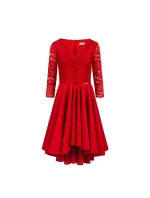 Červené dámske šaty s dlhším zadným dielom a čipkovaným výstrihom model 7162273