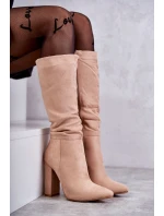 Klasyczne Zamszowe Kozaki Na Obcasie Ciemnobeżowe Tressa