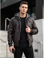 Pánska kožená zateplená bunda s kapucňou, hnedá, FashionStreet TX5136