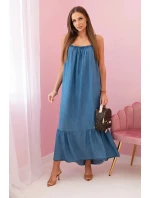 Dámske šaty bez ramienok s volánom Tmavý denim Dámske šaty bez ramienok s volánom Tmavý denim