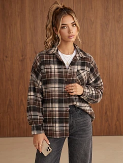 Dámska flanelová košeľa oversize s kockovaným vzorom, hnedá, FashionStreet DY0501