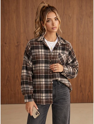 Dámska flanelová košeľa oversize s kockovaným vzorom, hnedá, FashionStreet DY0501
