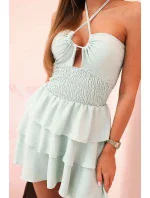 Dámske šaty s odhalenými ramenami, volánikmi a volánikmi tmavej mentolovej farby