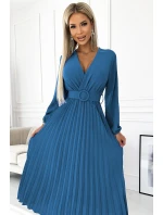 504-5 VIVIANA Plisované midi šaty s výstrihom, dlhými rukávmi a širokým opaskom - JEANS 504-5 VIVIANA Plisované midi šaty s výstrihom, dlhými rukávmi a širokým opaskom - JEANS