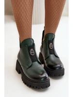 Zazoo 60451 Damskie Skórzane Botki Z Ozdobą Ciemnozielone