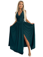 LEA - Dlhé dámske šaty vo fľaškovo zelenej farbe s krajkovým výstrihom 211-6