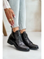 Lakierowane Niskie Botki Damskie Na Płaskim Obcasie Ocieplane Czarne S.Barski HY42-120 Czarne