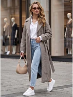 Dlhý dámsky kabát s opaskom na prechodné obdobie, kávová farba, FashionStreet NY0774 Dlhý dámsky kabát s opaskom na prechodné obdobie, kávová farba, FashionStreet NY0774