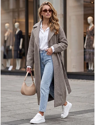 Dlhý dámsky kabát s opaskom na prechodné obdobie, kávová farba, FashionStreet NY0774 Dlhý dámsky kabát s opaskom na prechodné obdobie, kávová farba, FashionStreet NY0774