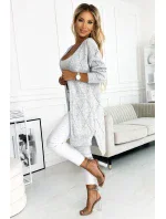 486-1 Cardigan - kardigán s predĺženým chrbtom s diamantmi - GREY