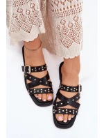 Zdobione Klapki Damskie Na Płaskim Obcasie Z Paskami I Klamrą Czarne Manitte