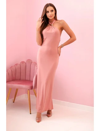 Dámske maxi šaty s odhaleným chrbtom a volánom - tmavoružové