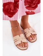 Klapki Damskie Na Płaskim Obcasie Z Wycięciami Eko Skórzane Beżowe Ecapus