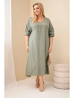 Dámske plus size šaty z bavlneného mušelínu s výstrihom do V v khaki farbe
