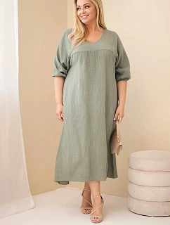 Dámske plus size šaty z bavlneného mušelínu s výstrihom do V v khaki farbe
