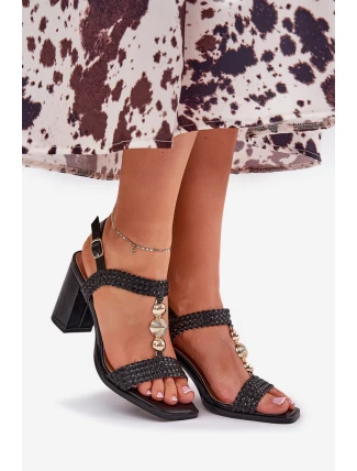 Sandały Damskie Na Słupku Z Ozdobą I Plecionką Czarne Annaviel