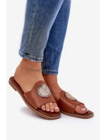 Eko Skórzane Klapki Na Płaskim Obcasie Z Ozdoba Camel Tatereia