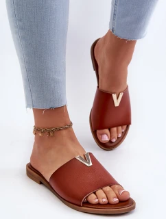 Klapki Damskie Eko Skórzane Na Płaskim Obcasie Brązowe Maliha