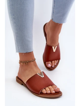 Klapki Damskie Eko Skórzane Na Płaskim Obcasie Brązowe Maliha