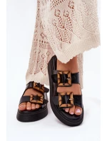 Eko Skórzane Klapki Damskie Na Platformie Z Klamrami Czarne Xanivia