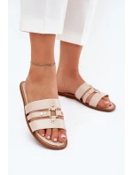 Płaskie Klapki Damskie Ze Złotym Detalem Beżowe Noroti
