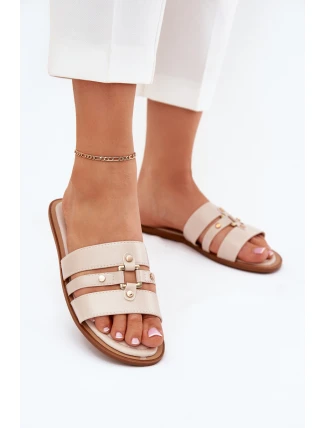 Płaskie Klapki Damskie Ze Złotym Detalem Beżowe Noroti