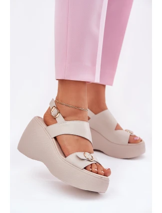 Skórzane Sandały Damskie Na Koturnie I Platformie S.Barski LR51-540 Beżowe Skórzane Sandały Damskie Na Koturnie I Platformie S.Barski LR51-540 Beżowe