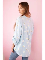 Dámska ľanová blúzka s kvetinovým vzorom, dlhými rukávmi a gombíkmi Modrá
