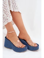 Klapki Damskie Na Koturnie Z Transparentnym Paskiem Jeansowe Zolretia