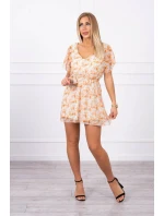 Kvetinové šaty s viazaním v páse ecru