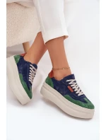 Zamszowe Sneakersy Damskie Na Platformie Zazoo N1269S3 Zielono-Granatowe
