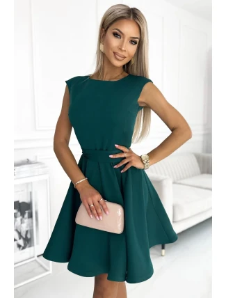 442-1 Rozkloszowana sukienka z małym rękawkiem - ZIELEŃ BUTELKOWA - NUMOCO 442-1 Rozkloszowana sukienka z małym rękawkiem - ZIELEŃ BUTELKOWA - NUMOCO