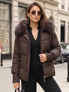 Dámska prešívaná bunda s kožušinovou kapucňou, slivková, FashionStreet TY5891