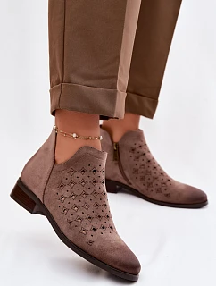 Dámske perforované členkové topánky na nízkom podpätku Vinceza 58626 dark beige