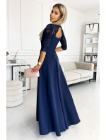 Elegantné dlhé šaty s čipkovým výstrihom Numoco AMBER - tmavomodré