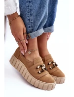 Zamszowe Półbuty Damskie Na Platformie Z Ozdobą Ciemnobeżowe Lewski 3398