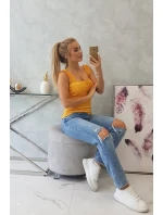 Blúzka bez ramienok s volánikmi v horčicovej farbe