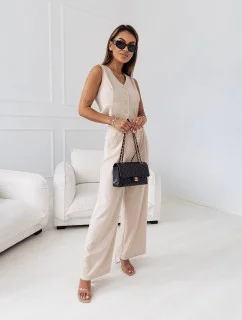 Elegantná súprava krátkej vesty a širokých nohavíc v béžovej farbe (VE90)