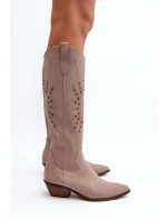 Zazoo 2909 Zamszowe Kozaki Ażurowe Na Niskim Obcasie Beżowe