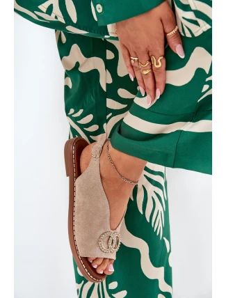 Sandały Damskie Z Ozdobą Na Płaskim Obcasie Eko Zamszowe Beżowe Ralisses