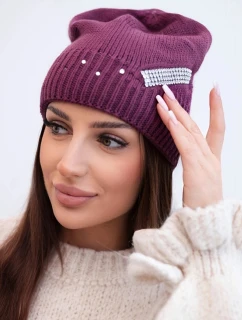 Dámska zimná vlnená čiapka s ozdobným zirkónovým pásom K402 tmavo fialová
