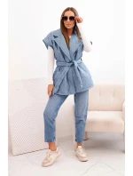 Dámska prešívaná vesta s opaskom a širokým golierom z džínsoviny