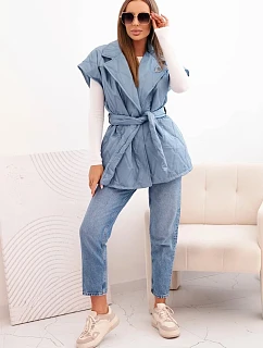 Dámska prešívaná vesta s opaskom a širokým golierom z džínsoviny